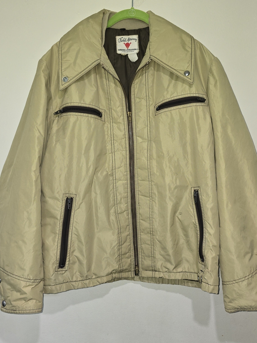 Vintage Field & Stream Beige Bomber Jacket with Dark Trim 4 Pockets